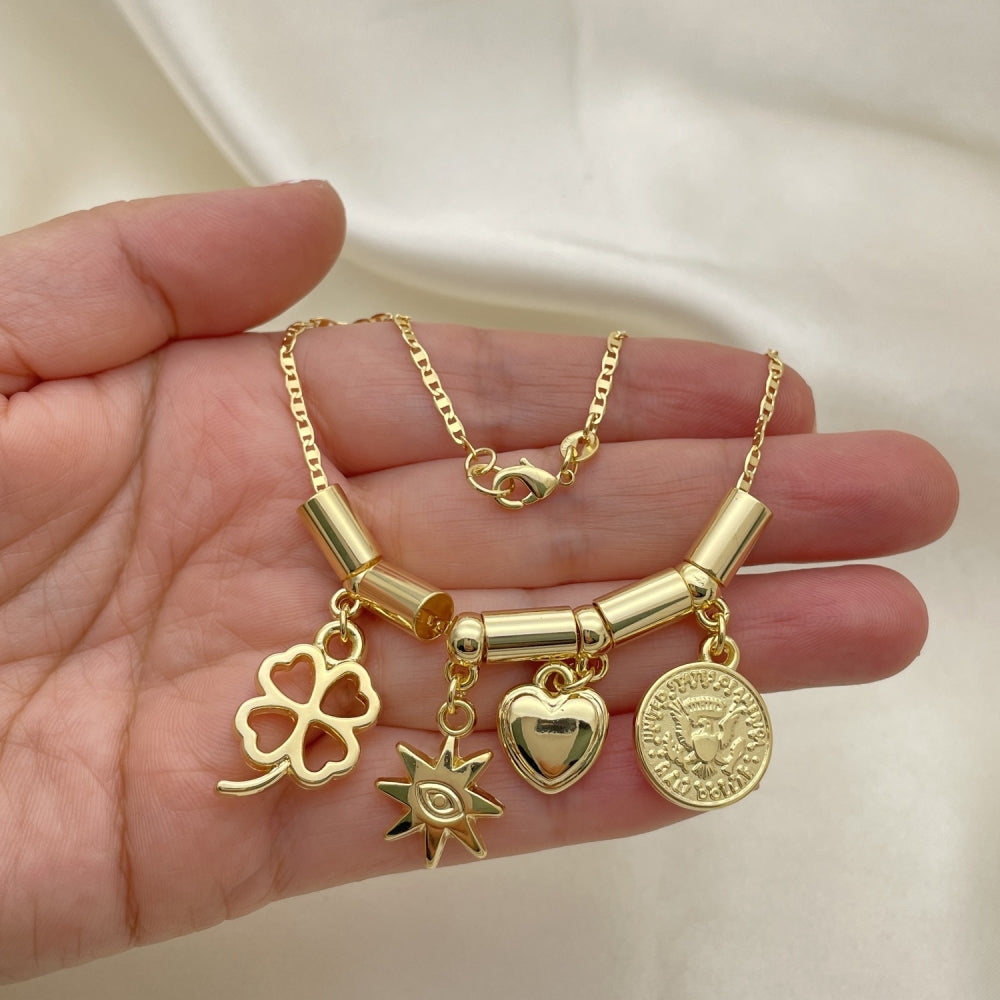 Gold Anklet - Spacers w/ Cloverleaf, Eye, Heart, and Coin Charm Handmade w/ Highest Craftsmanship - Gold Filled Style Anklets 03.32.0588.10