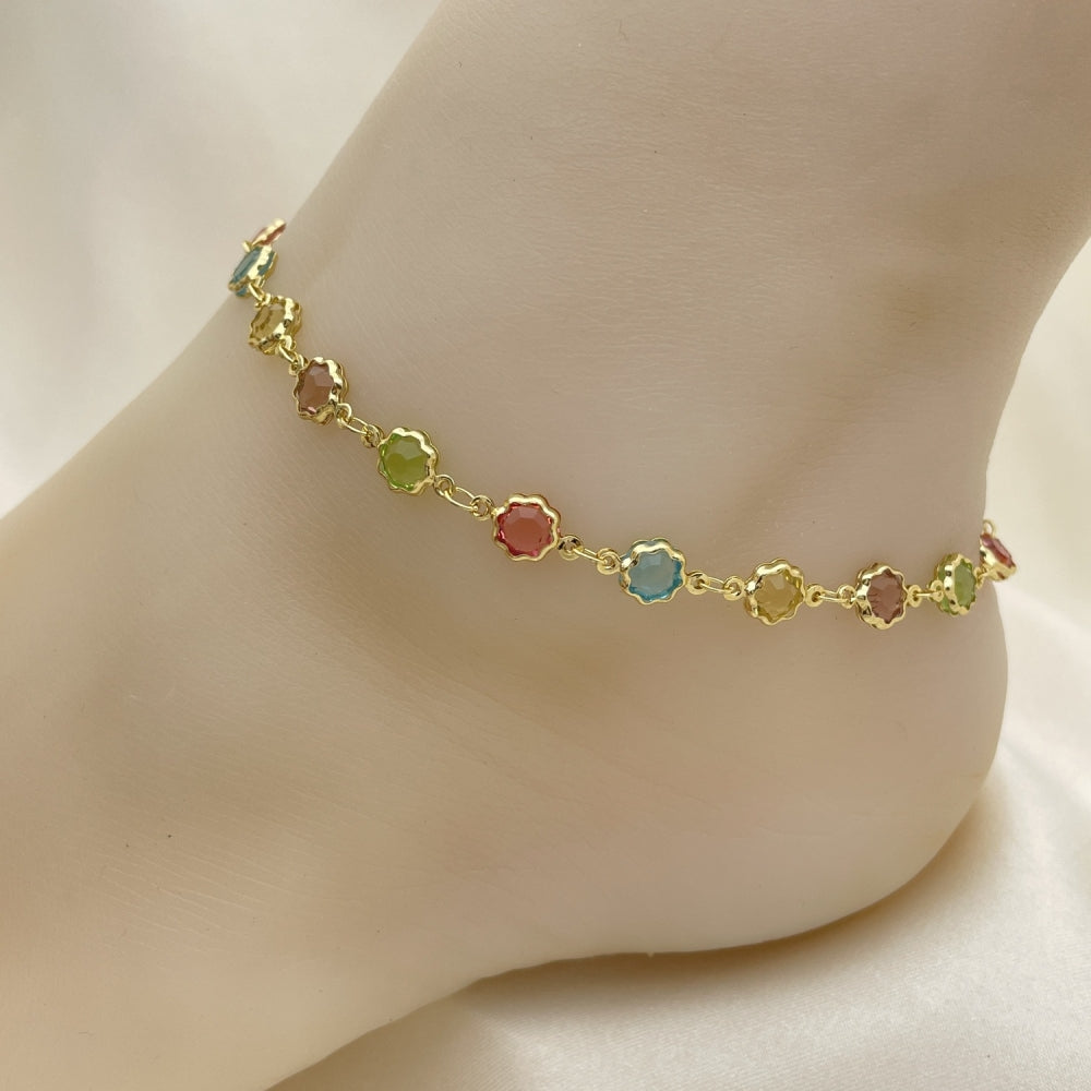 Gold Anklet -  Fancy Flower Design w/ Multicolor Stones - Gold Filled Style Anklets 03.386.0003.10