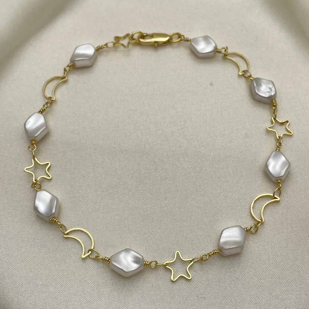 Gold Anklet - Star and Moon Design w/ Pearl Charms Handmade with the Highest Craftsmanship - Gold Filled Style Anklets 03.386.0020.10