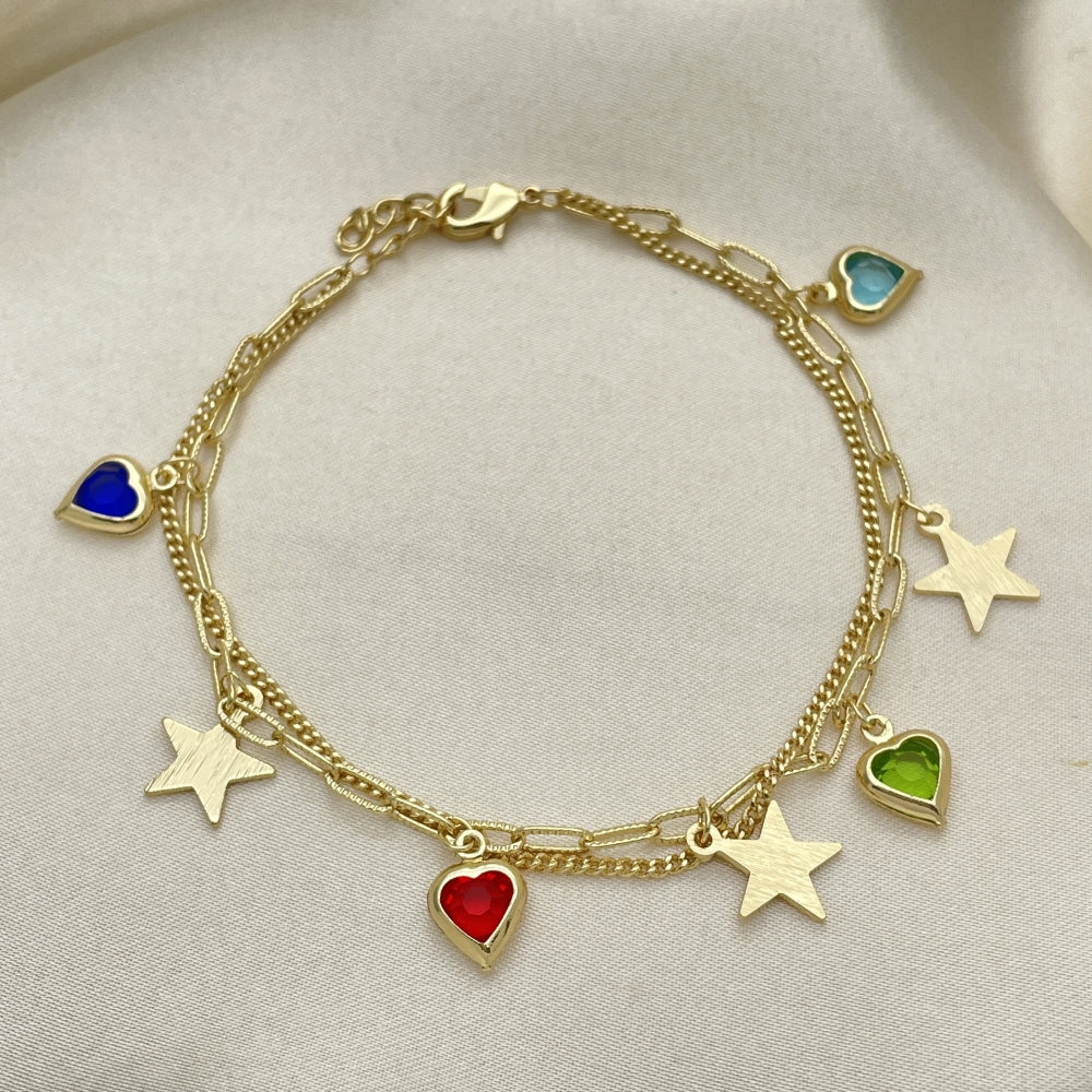 7" Gold Charm Bracelet w/ Star and Heart Charms- Handmade Gold Filled Style Bracelets - 03.213.0214.07