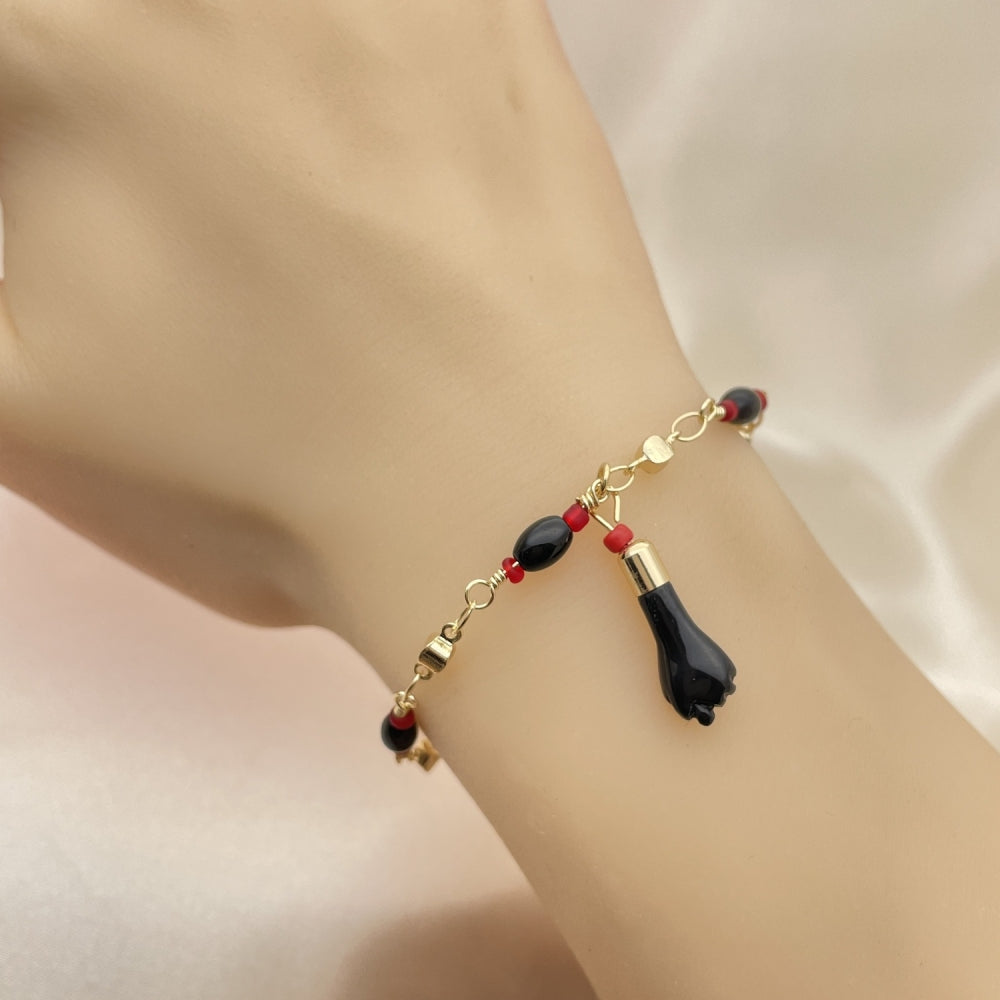 7" Adjustable Azavache Bracelet w/ Onyx Stone Charm - Gold Filled Bracelets -03.213.0096.07