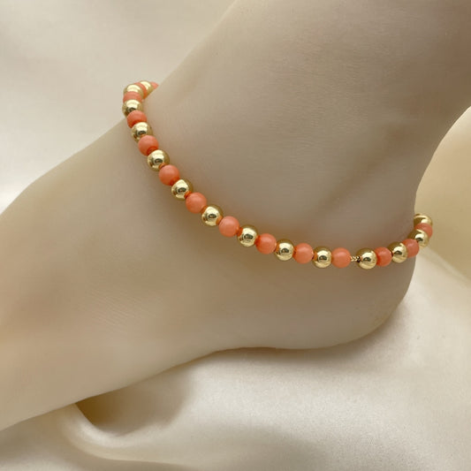 Gold Anklet - Bead Style w/ Pink Coral Handmade with the Highest Gold Filled Style Craftsmanship - Gold Filled Anklets 03.63.2228.2.10