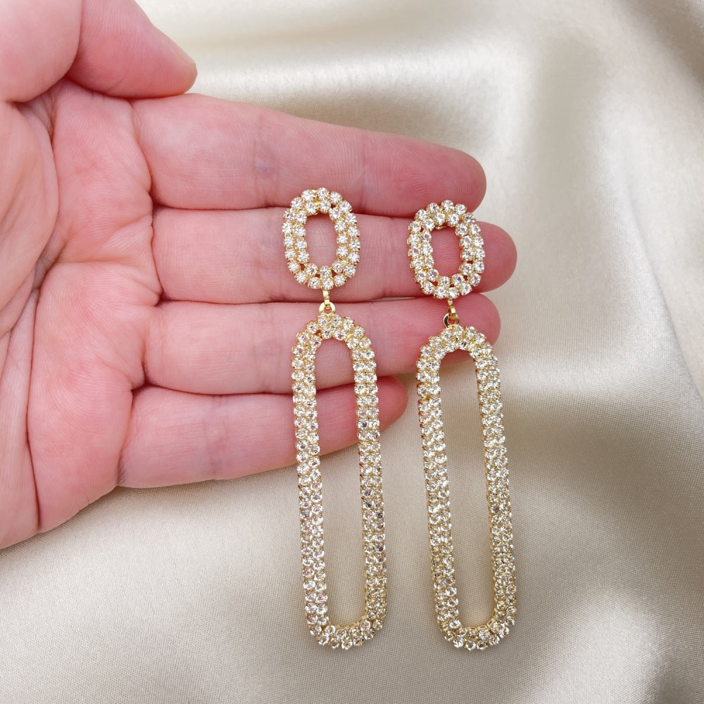 Long Drop Earrings Handmade w/ Diamond Crystal Zirconia Settings in Gold Filled Style Light Weight - Gold Filled Earrings 02.268.0100