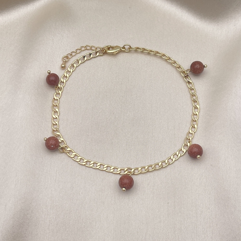 Gold Anklet - Cuban Link Chain w/ Goldstone Charms Handmade with the Highest Craftsmanship - Gold Filled Style Anklets 03.63.2073.10