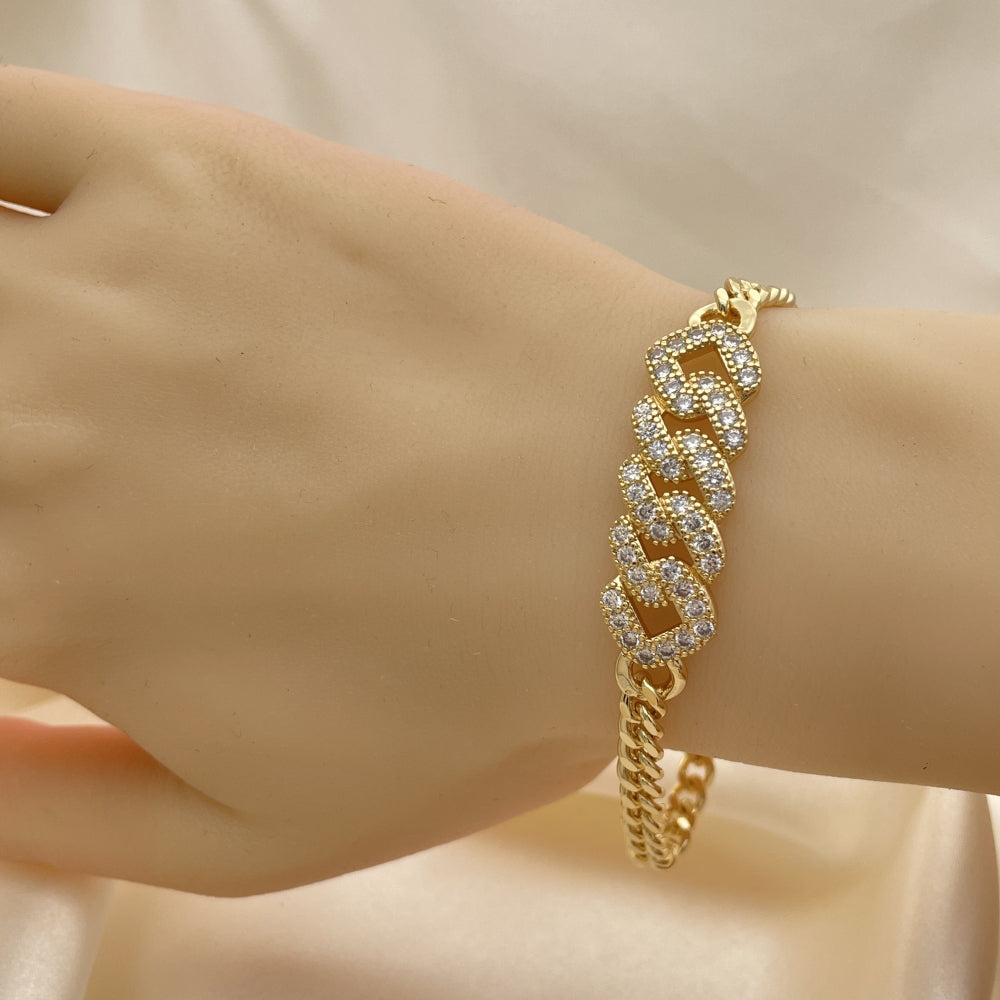 7" Gold Miami Cuban Fancy Bracelet  w/ White CZ Stones - Handmade Gold Filled Style Bracelets - 03.283.0049.07