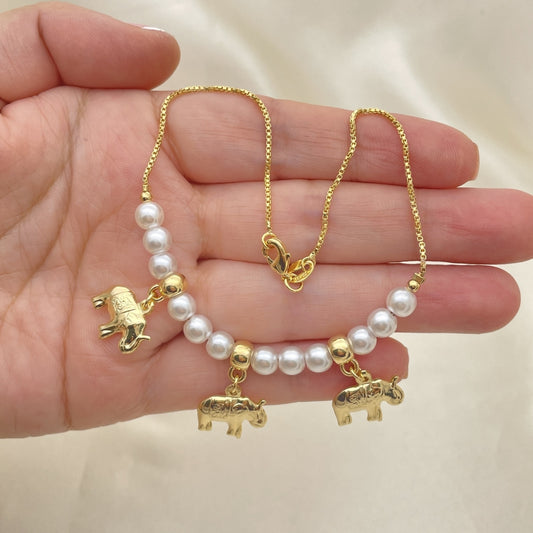 Gold Anklet - Pearl Style w/ Elephant Charms Handmade with the Highest Gold Filled Style Craftsmanship - Gold Filled Anklets 03.32.0632.10