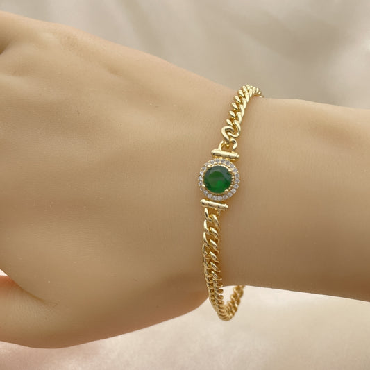 7" Adjustable Cuban Bracelet w/ Emerald Green and White Stones Handmade - Gold Filled Bracelets -03.213.0177.2.07