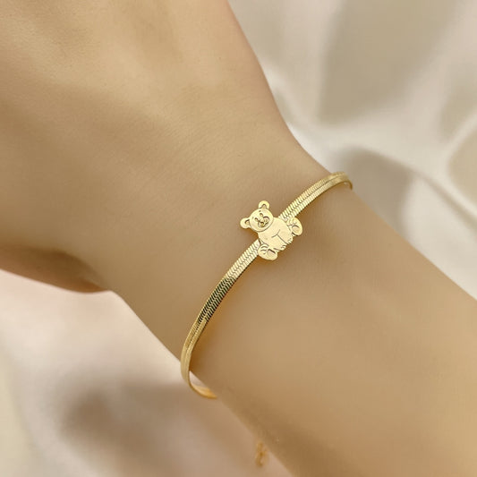 7" 14k Herringbone Bracelet w/ Teddy Bear Gold Filled Style - Gold Filled Bracelets 03.02.0099.07