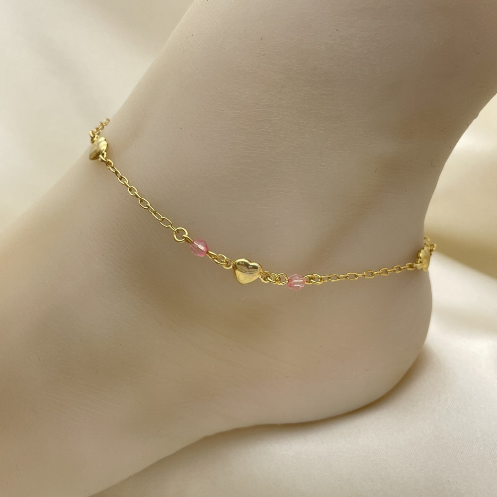 Gold Anklet - Pink Beads w/ Heart Charm Handmade with the Highest Gold Filled Style Craftsmanship - Gold Filled Anklets 03.02.0054.10