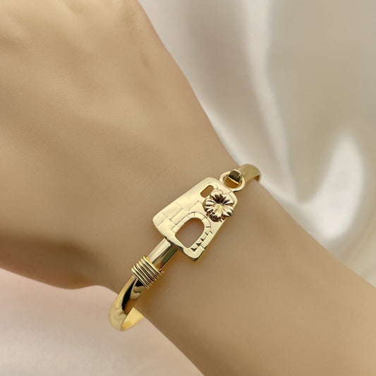 Gold Bangle Bracelet - Handmade w/ House and Flower Design  - Gold Filled Style Cuff Bangles 07.185.0011.04