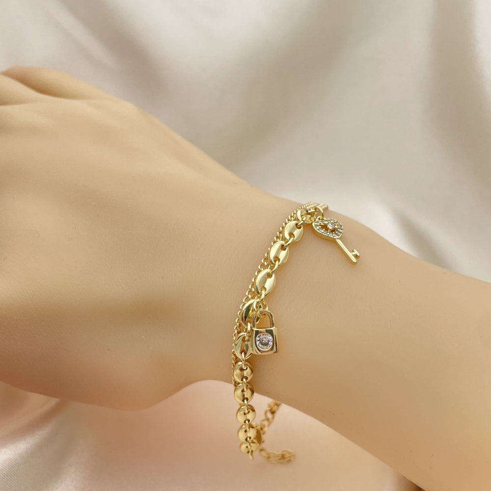 7" Gold Charm Bracelet w/ Mariner Chain Link and Key Lock Charms - Handmade Gold Filled Style Bracelets - 03.213.0213.07