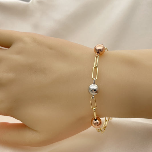 Gold Paperclip Bracelet w/ Tricolor Ball Design -Handmade Style - Gold Filled Bracelets 03.213.0176.07