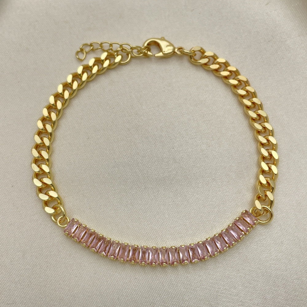 7" Adjustable Cuban Bracelet w/ Pink Sapphire Stones -Handmade Gold Filled Style - 03.130.0010.3.07