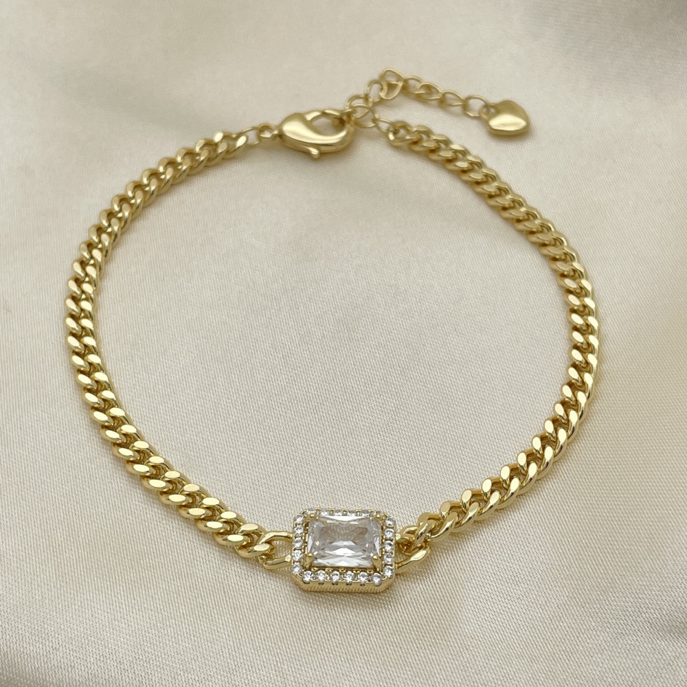 7" Adjustable Cuban Bracelet w/White Square Stone -Handmade - Gold Filled Bracelets - 03.213.0150.1.07