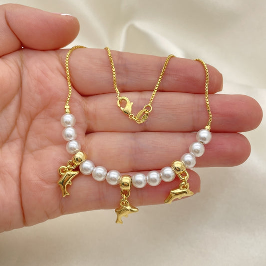 Gold Anklet - Pearl Style w/ Dolphin Charms Handmade with the Highest Gold Filled Style Craftsmanship - Gold Filled Anklets 03.32.0630.10