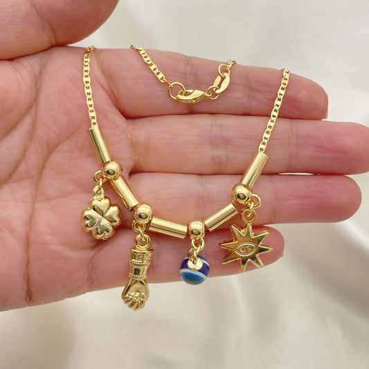 Gold Anklet - Spacers w/ Cloverleaf, Azavache, Evil Eye Charm Handmade w/ the Highest Craftsmanship  Gold Filled Style Anklets 03.32.0587.10