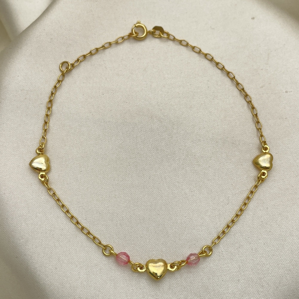 Gold Anklet - Pink Beads w/ Heart Charm Handmade with the Highest Gold Filled Style Craftsmanship - Gold Filled Anklets 03.02.0054.10