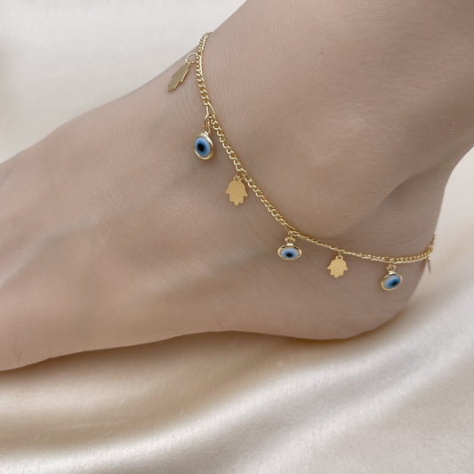 Gold Anklet - Cuban Link Chain w/ Evil Eye, Hamsa Charms Handmade with the Highest Craftsmanship - Gold Filled Style Anklets 03.169.0005.10