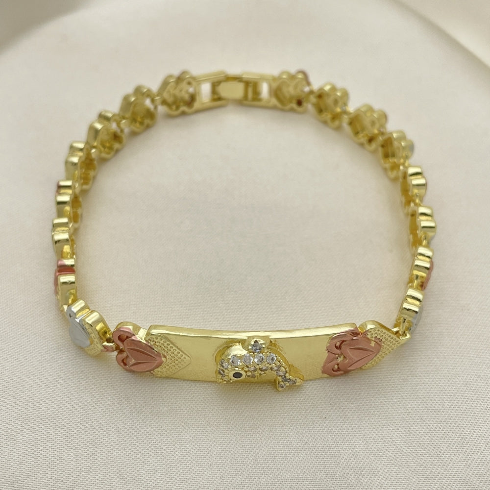 8" Tricolor Gold Fancy Heart Bracelet w/ Dolphin Design - Handmade Gold Filled Style Bracelets - 03.253.0073.08