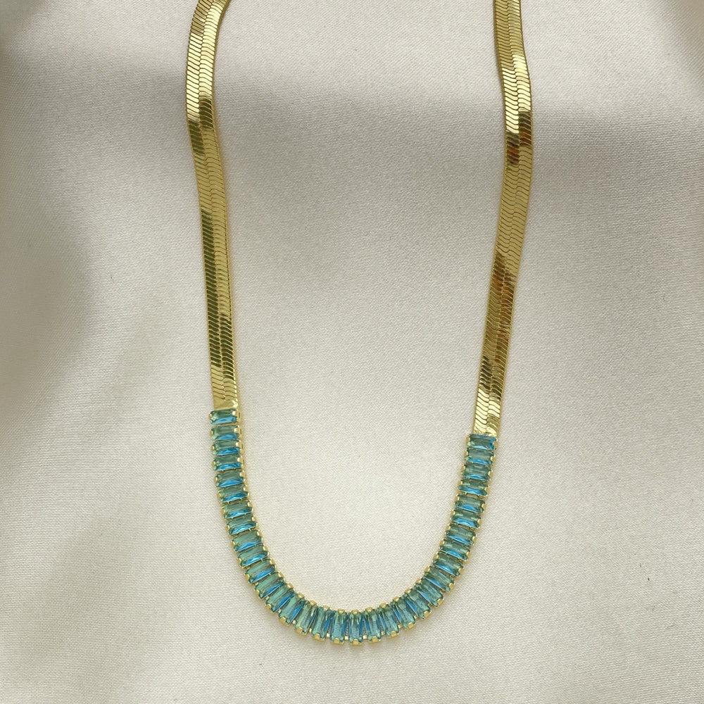 16" Gold Herringbone Necklace Chain w/ Aquamarine CZ Stones - 14K Gold Filled Style Necklace Gift for Her  04.341.0097.3.16 04.341.0097.2.16