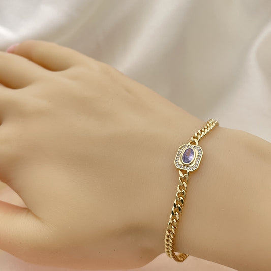 7" Adjustable Cuban Bracelet w/ White CZ Stones Handmade - Gold Filled Bracelets -03.213.0162.4.07