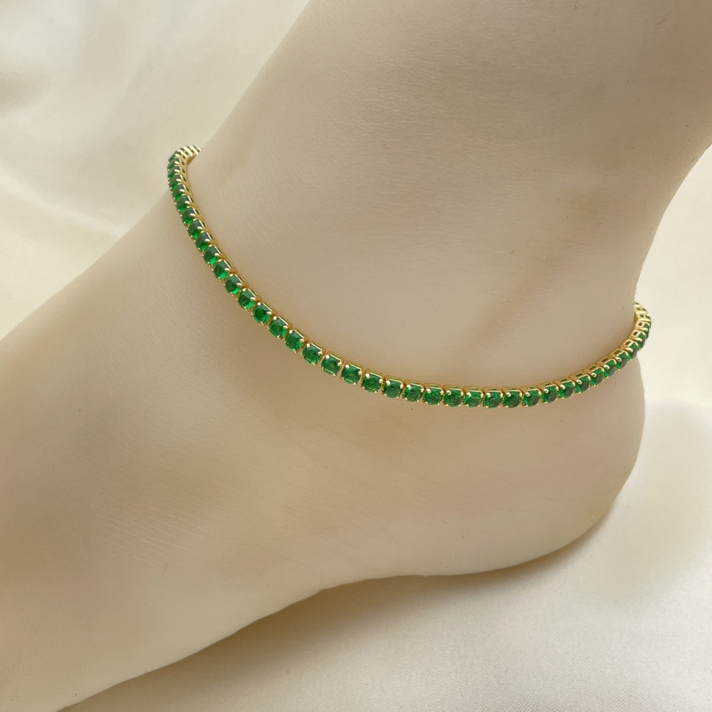 Green Emerald Rhinestone Gold Anklet - Handmade with Lab. Round Gemstone and the Highest Gold Filled Style Craftsmanship - 03.130.0009.8.10