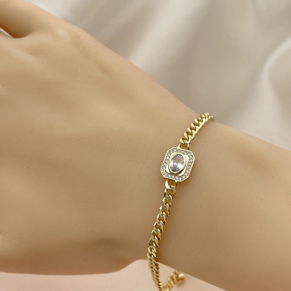 7" Adjustable Cuban Bracelet w/ White Stones Handmade - Gold Filled Bracelets - 03.213.0162.1.07