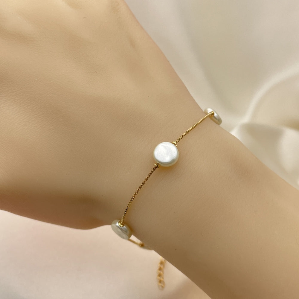 7" Adjustable Gold Pearl Bracelet - Handmade With Lab Made Fresh Water Pearl Minimalist Design - Gold Filled Style Bracelets 03.02.0087.07