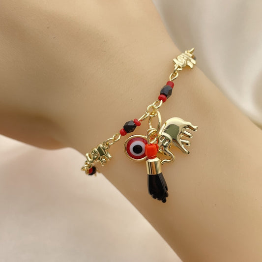 8" Gold Black Onyx  Fancy Bracelet w/ Azavache, Evil Eye, Elephant Design. - Handmade Gold Filled Style Bracelets - 03.213.0217.06