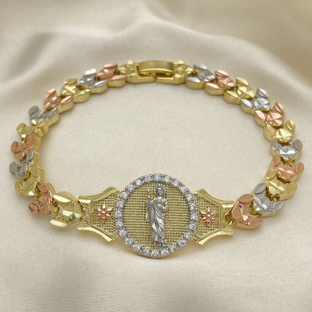 8" Tricolor Gold Fancy Bracelet w/ San Judas Heart Shape w/ Flowers and White CZ- Handmade Gold Filled Style Bracelets- 03.253.0081.08