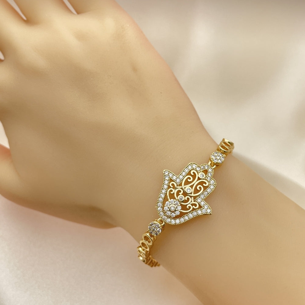 7" Gold Hamsa Design w/ White CZ Stones - Sparkling Handmade Gold Filled Style Bracelets - 03.283.0035.07