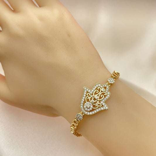 7" Gold Hamsa Design w/ White CZ Stones - Sparkling Handmade Gold Filled Style Bracelets - 03.283.0035.07