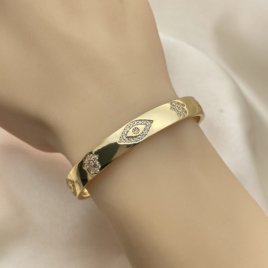 Open Gold Bangle Bracelet - Handmade w/ Evil Eye and Hand of God Design  - Gold Filled Style Cuff Bangles-07.156.0076