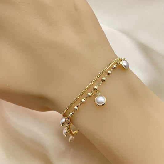 7" Gold Ball Charm Bracelet w/ Ivory Pearl - Handmade Gold Filled Style Bracelets - 03.213.0202.07