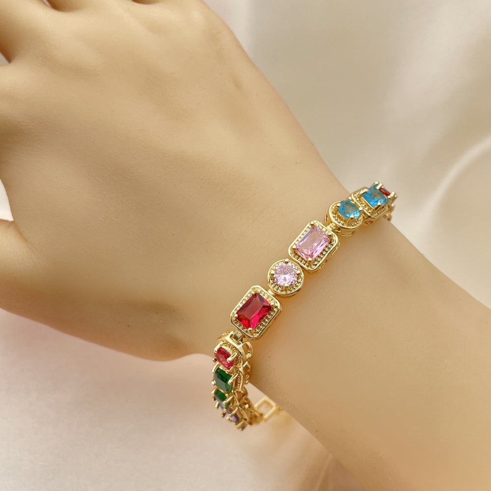 8" Gold Tennis Baguette Style w/ Multicolor Stones- Sparking Handmade Style- Gold Filled Bracelets - 03.283.0022.2.08