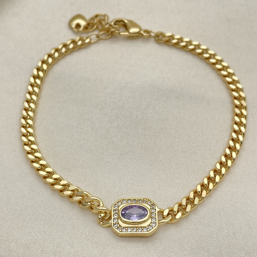 7" Adjustable Cuban Bracelet w/ White CZ Stones Handmade - Gold Filled Bracelets -03.213.0162.4.07