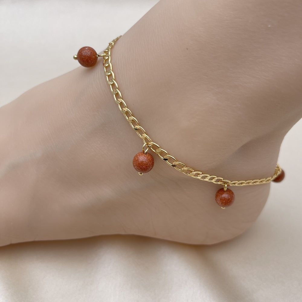 Gold Anklet - Cuban Link Chain w/ Goldstone Charms Handmade with the Highest Craftsmanship - Gold Filled Style Anklets 03.63.2073.10