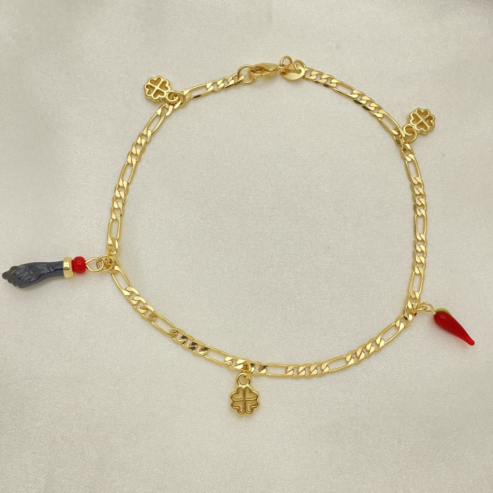 Gold Anklet - Figaro w/ Azavache, Lucky, Chili Charm Handmade with the Highest Gold Filled Style - Gold Filled Anklets 03.32.0599.10