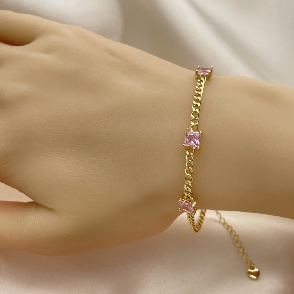 7" Adjustable Gold Cuban Bracelet w/ Square Pink Sapphire - Handmade Gold Filled Style Bracelets-03.213.0163.5.07