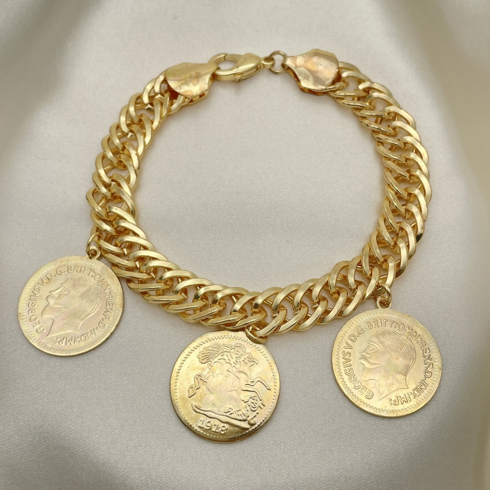 12 MM Gold Anklet - Double Curb Chain w/ Coin Charm Handmade with the Highest Craftsmanship - Gold Filled Style Anklets 03.331.0128.10