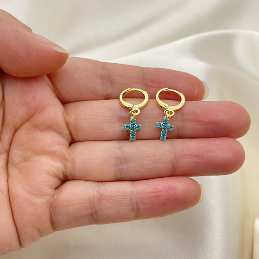 Round Lever Long Earrings  Handmade encrusted with Blue Sapphire Lab made Gemstone Cross- Gold Filled style Hoops 02.02.0496.5.15