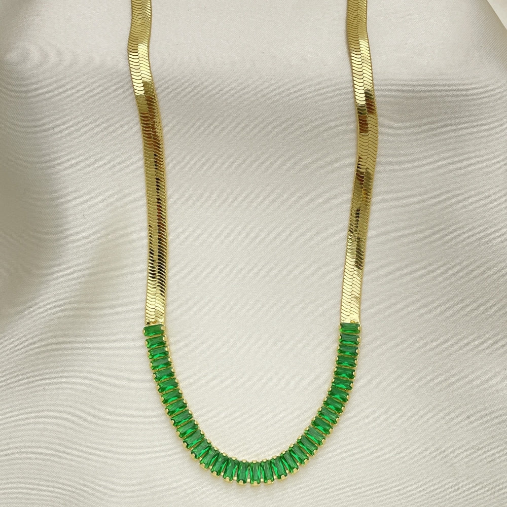 18" Herringbone Necklace Chain w/ Emerald Green CZ Stones - 14K Gold Filled Style - Gift for Her  04.341.0097.8.13