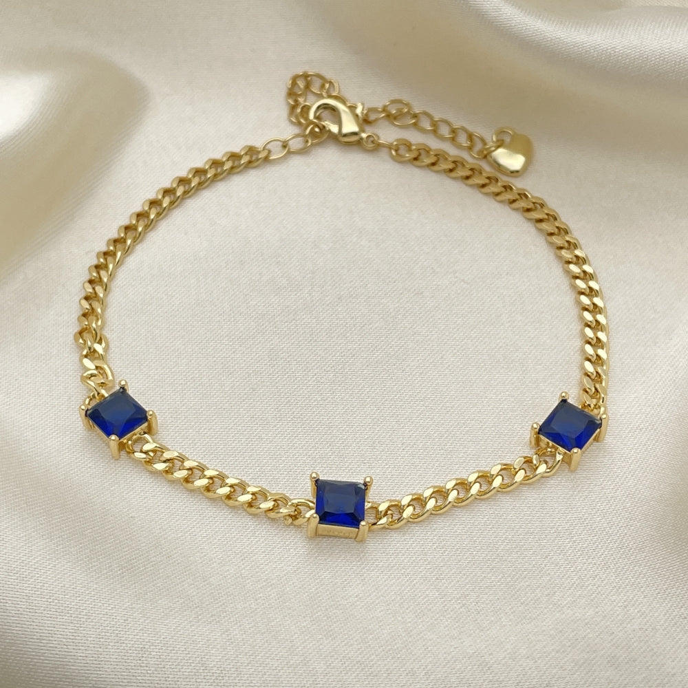 7" Adjustable Gold Cuban Bracelet w/ Square Blue Sapphire - Handmade Gold Filled Style Bracelets 03.213.0163.3.07