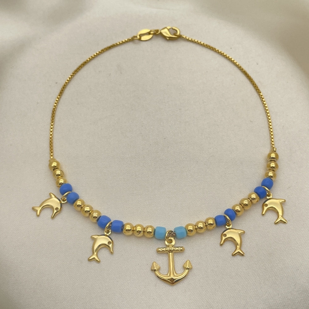 Gold Anklet - Handmade with Navy Blue Turquoise w/ Dolphin, Anchor Charms w/ Highest Craftsmanship - Gold Filled Style Anklets 03.32.0595.10