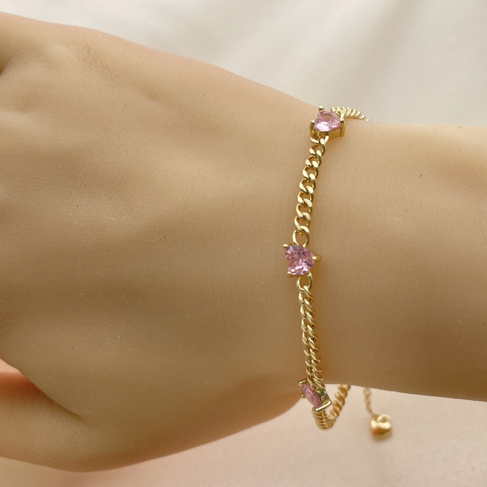 7" Adjustable Gold Cuban Bracelet w/ Pink Sapphire - Handmade Gold Filled Style Bracelets-03.213.0184.4.07