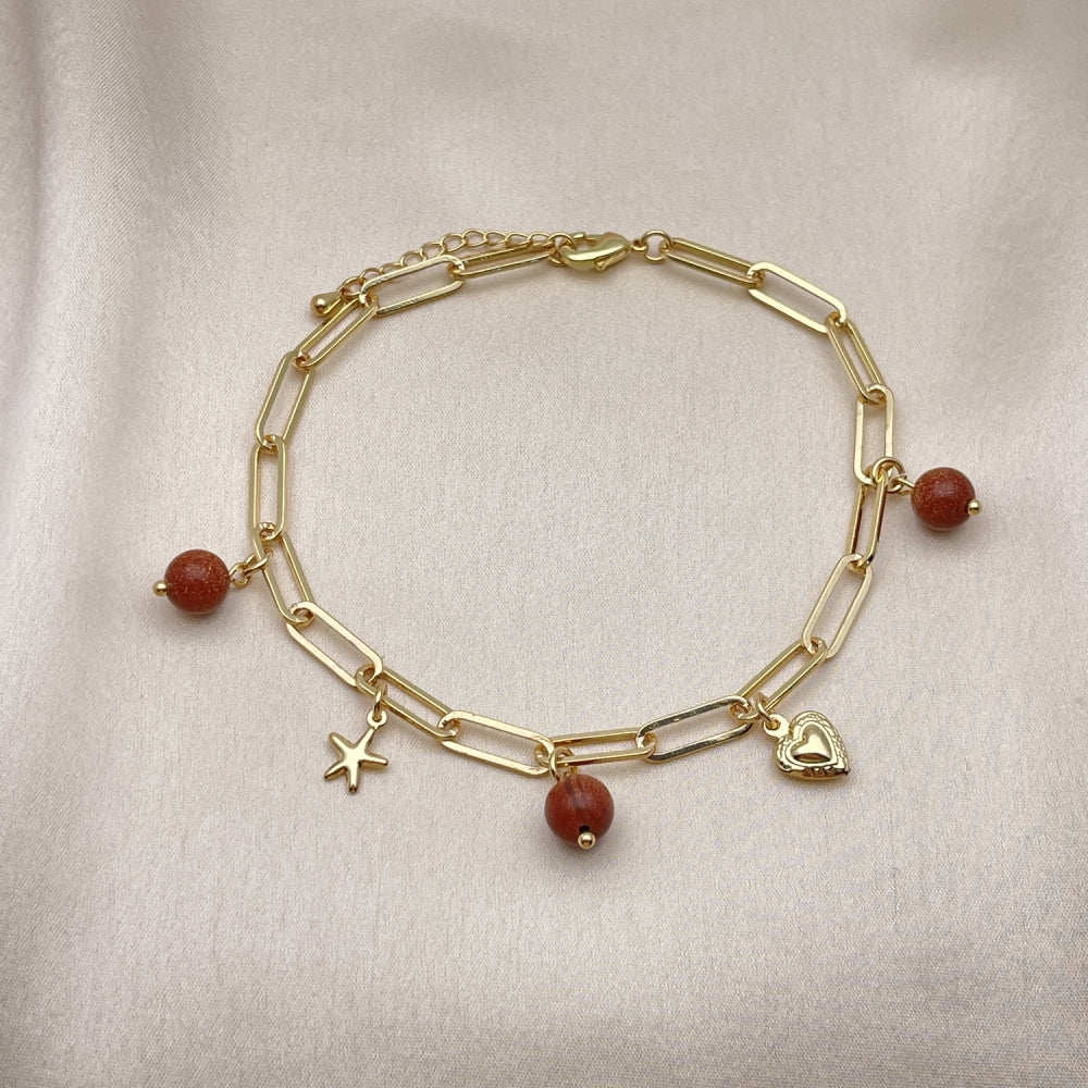 Gold Anklet - Paperclip chain w/ Goldstone Ball, Star, and Heart  Charm Handmade with Gold Filled Style  Anklets 03.63.2282.10