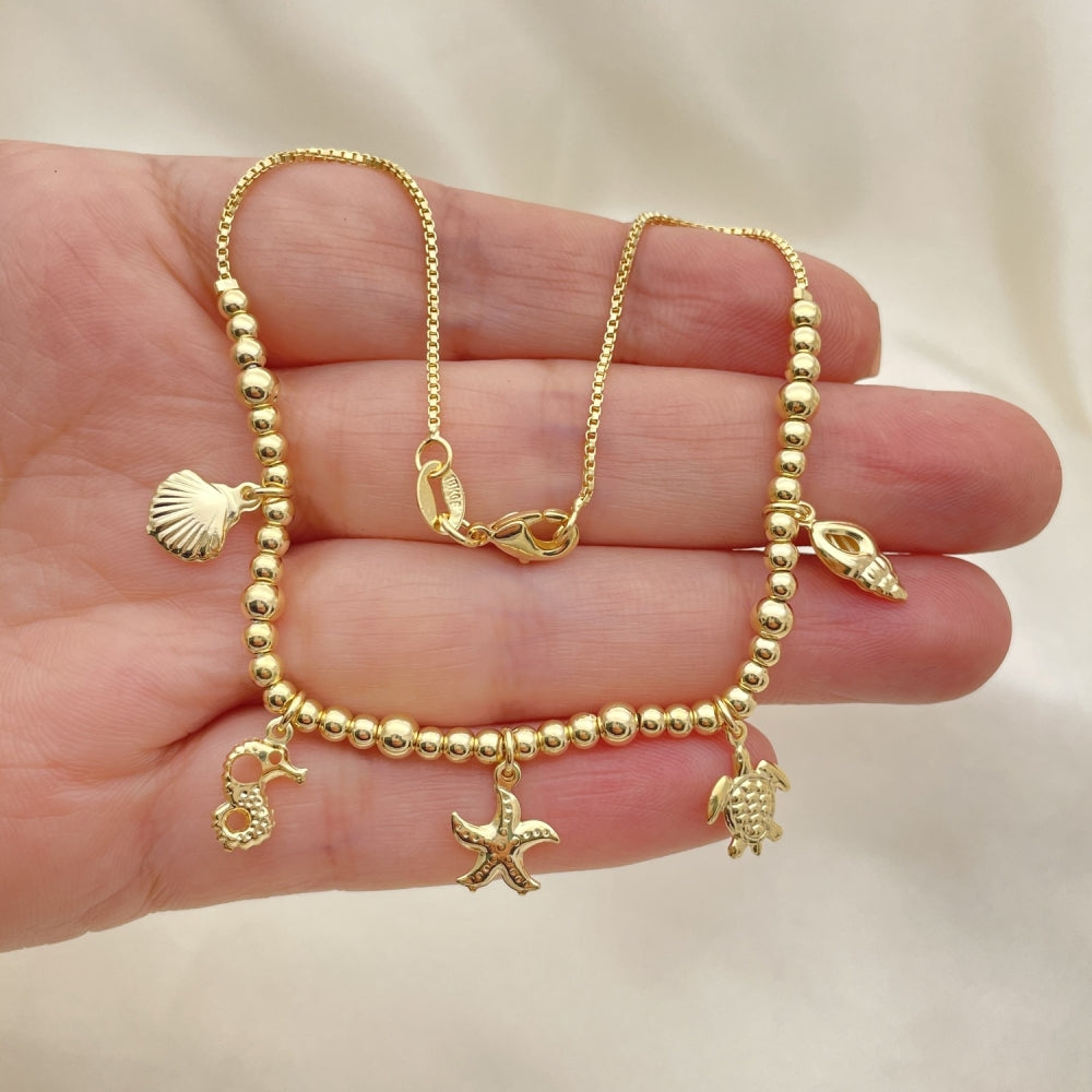 Gold Anklet - Handmade Marine Charms, Turtle, Starfish, Conch Highest Gold Filled Style Craftsmanship - Gold Filled Anklets 03.32.0635.10