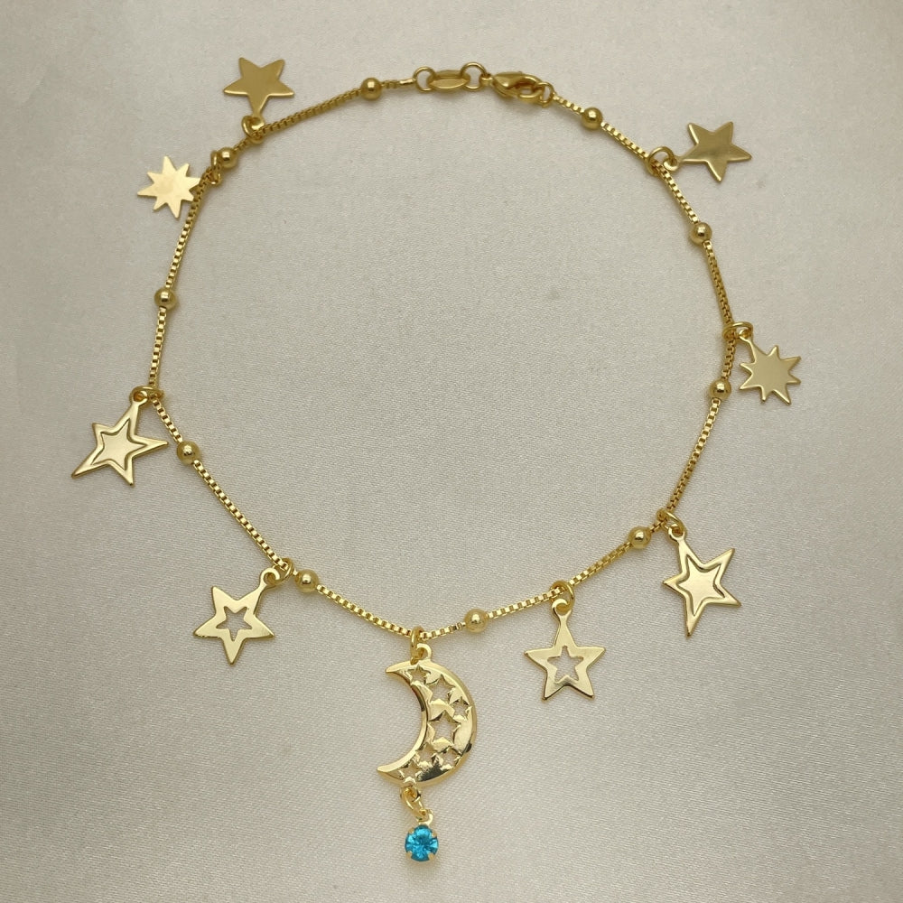 Gold Anklet - Handmade with Star and Moon Charms w/ Blue Sapphire Lab Gemstone Highest Craftsmanship Gold Filled Style Anklets 03.32.0594.10