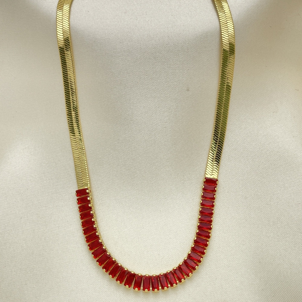 18" Herringbone Necklace Chain w/ Ruby Red CZ Stones - Gold Filled Style Necklace Gift for Her - 04.341.0097.1.416