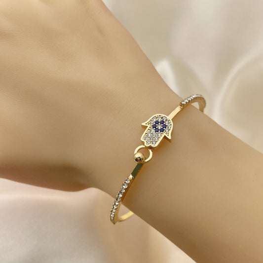 Open Gold CZ Bangle Bracelet - Handmade w/ Hamsa Sapphire Blue and White CZ Design  - Gold Filled Style Cuff Bangles 07.193.0029.04